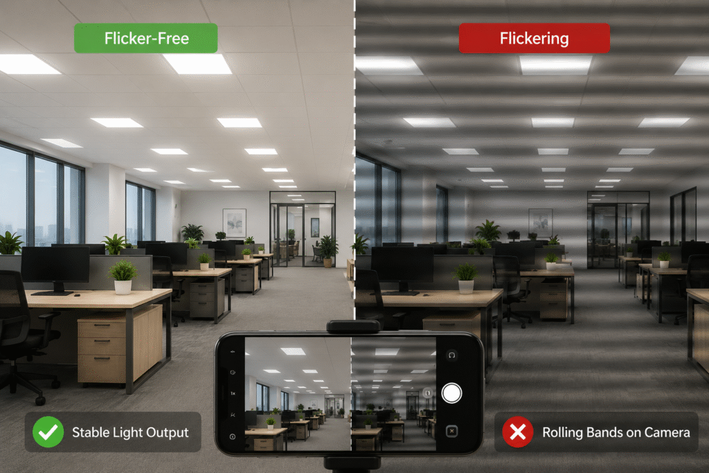 Commercial LED lighting showing flicker-free and flickering illumination