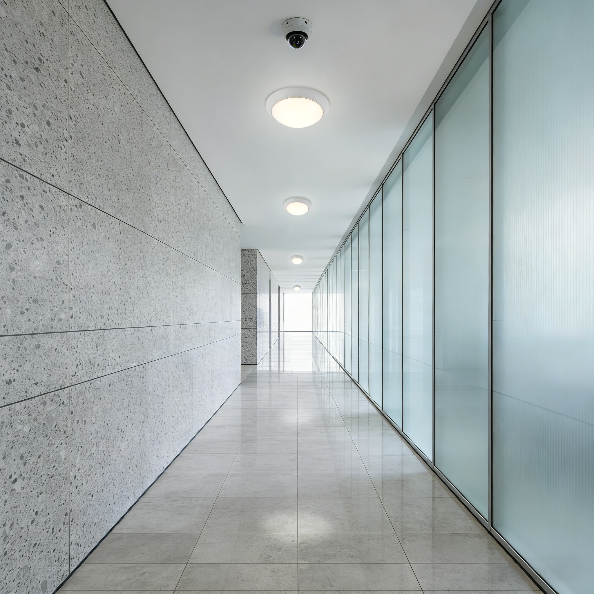 MC-814 LED bulkhead lights installed along a commercial corridor ceiling