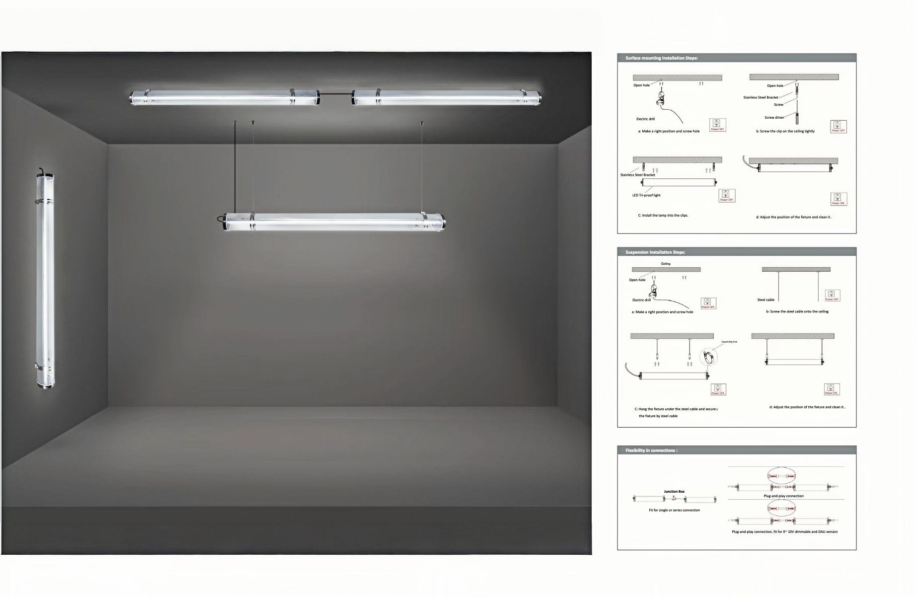 Industrial tubular light installation diagram showing mounting and wiring options