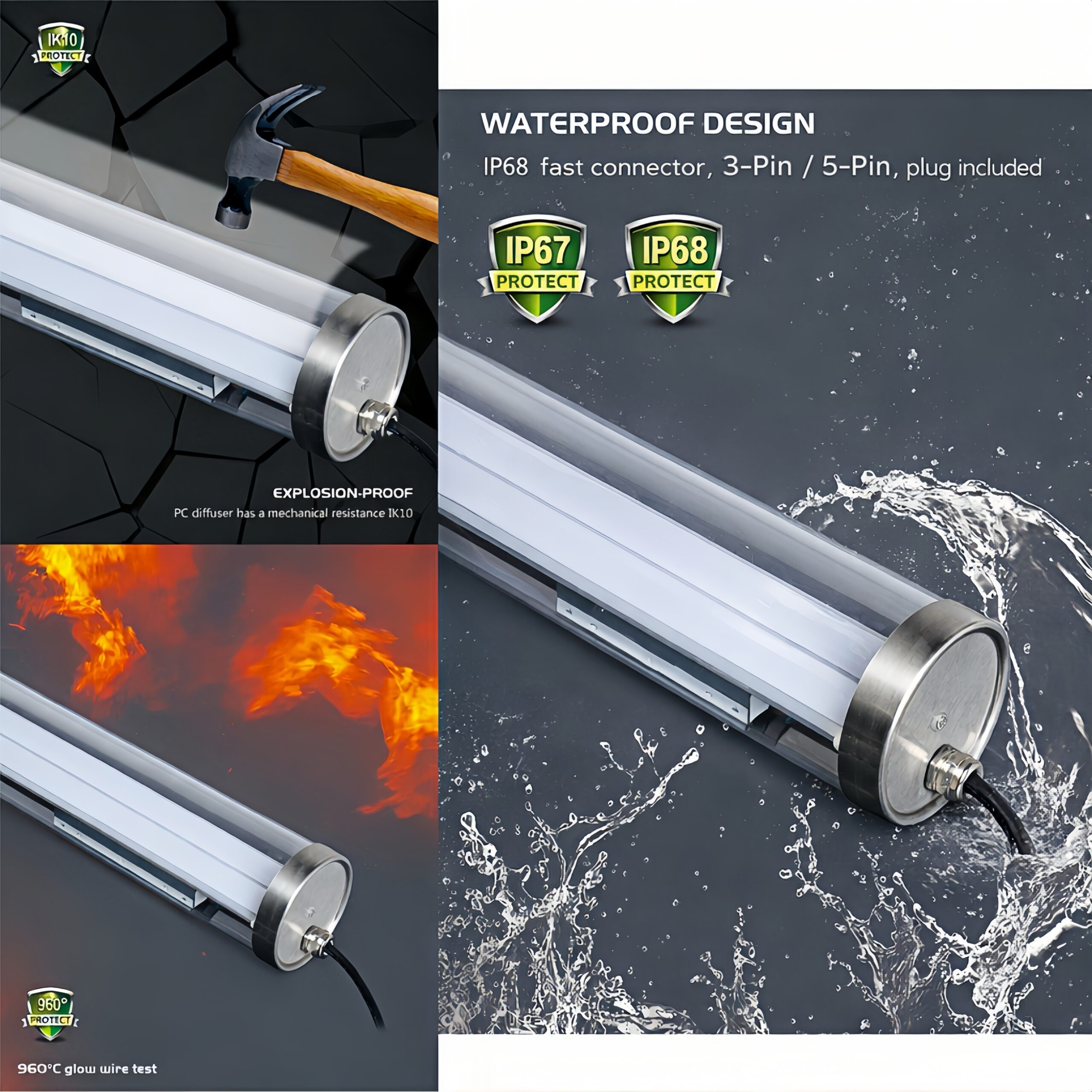 MANI Ø45 mm LED tubular light with IP67 protection and IK10 impact resistance