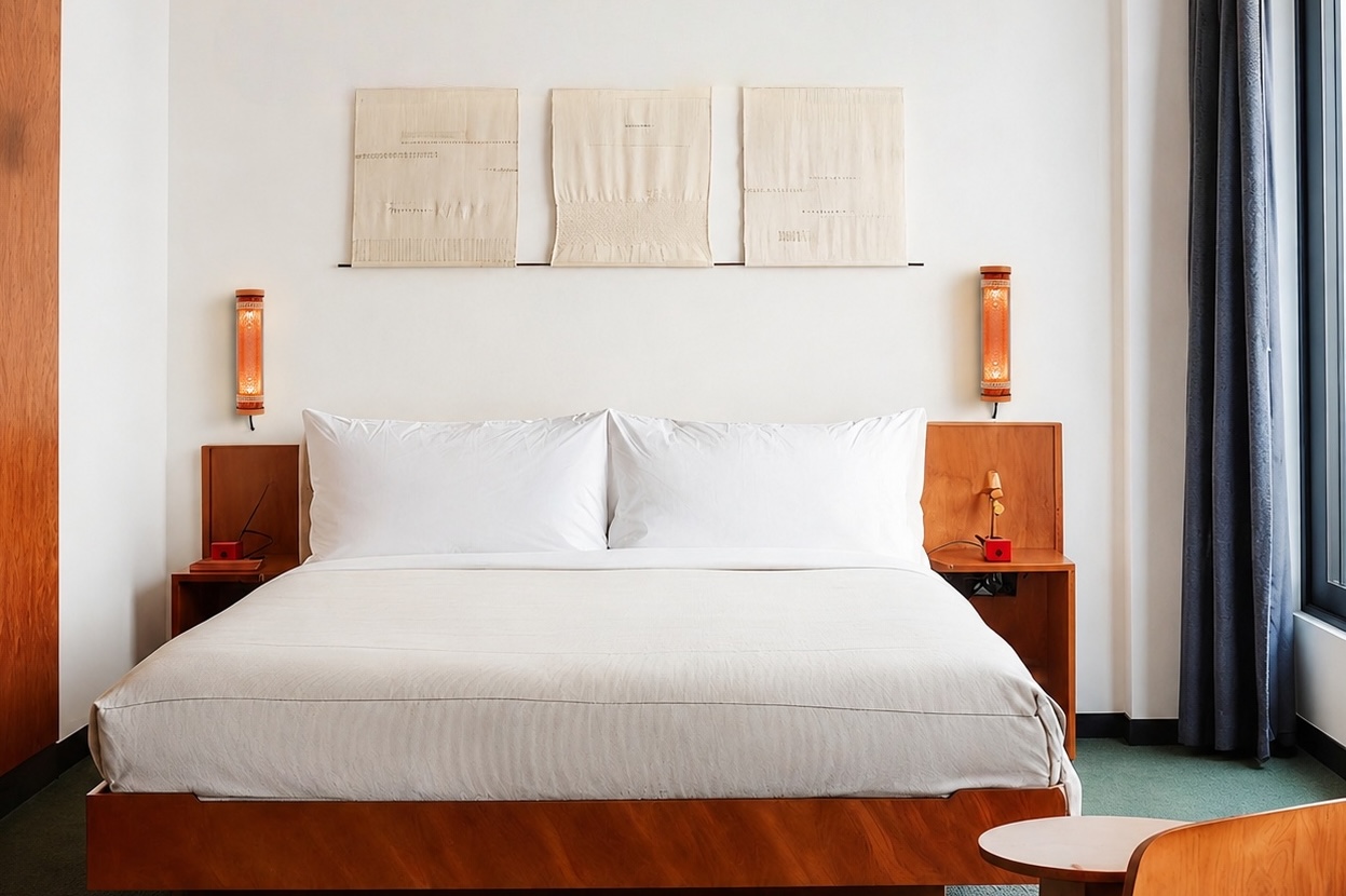 Decorative tubular lighting installed in a hotel guest room